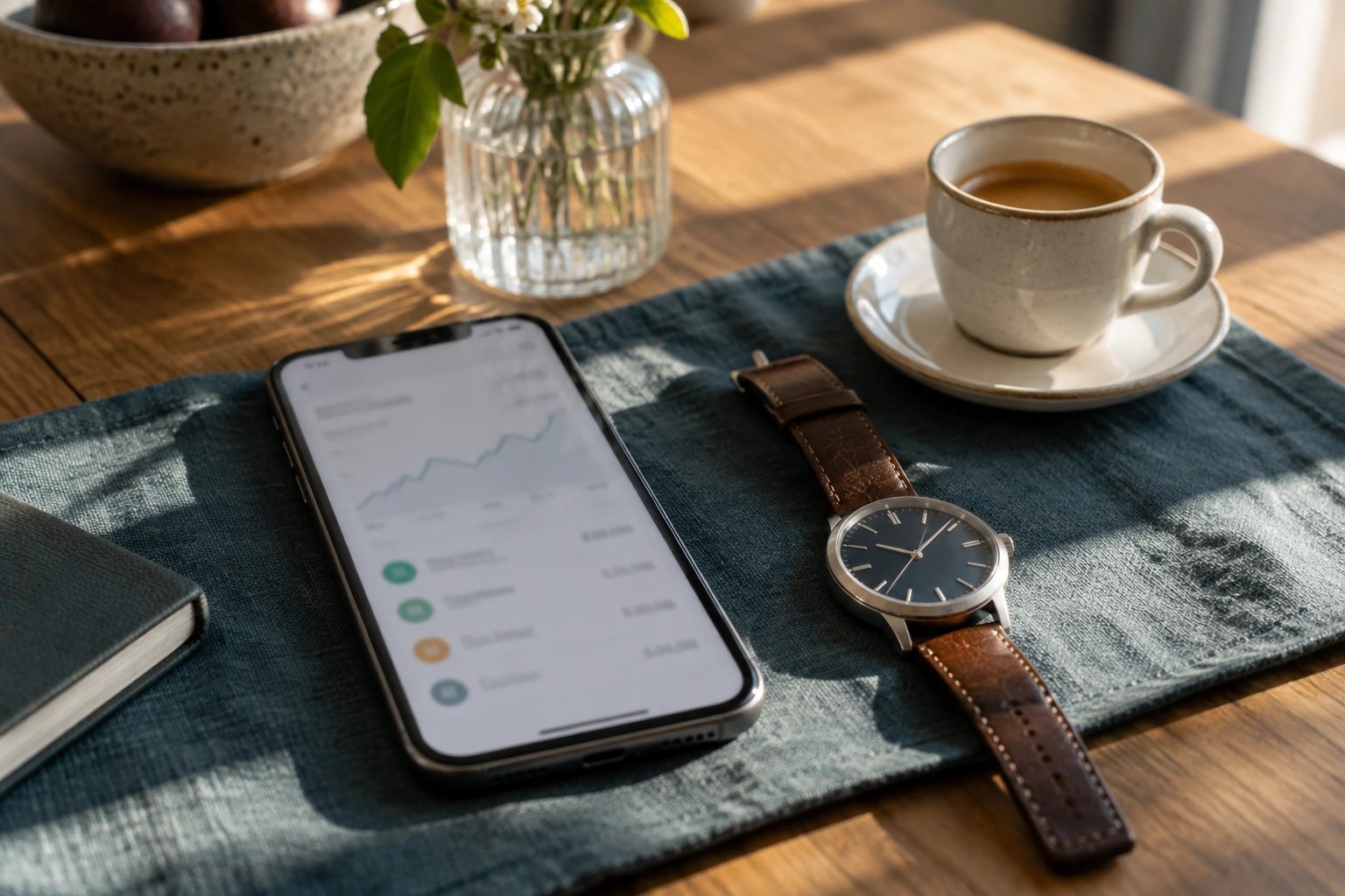 Smartphone und Armbanduhr auf einem Tisch als Symbol für die Auszahlung