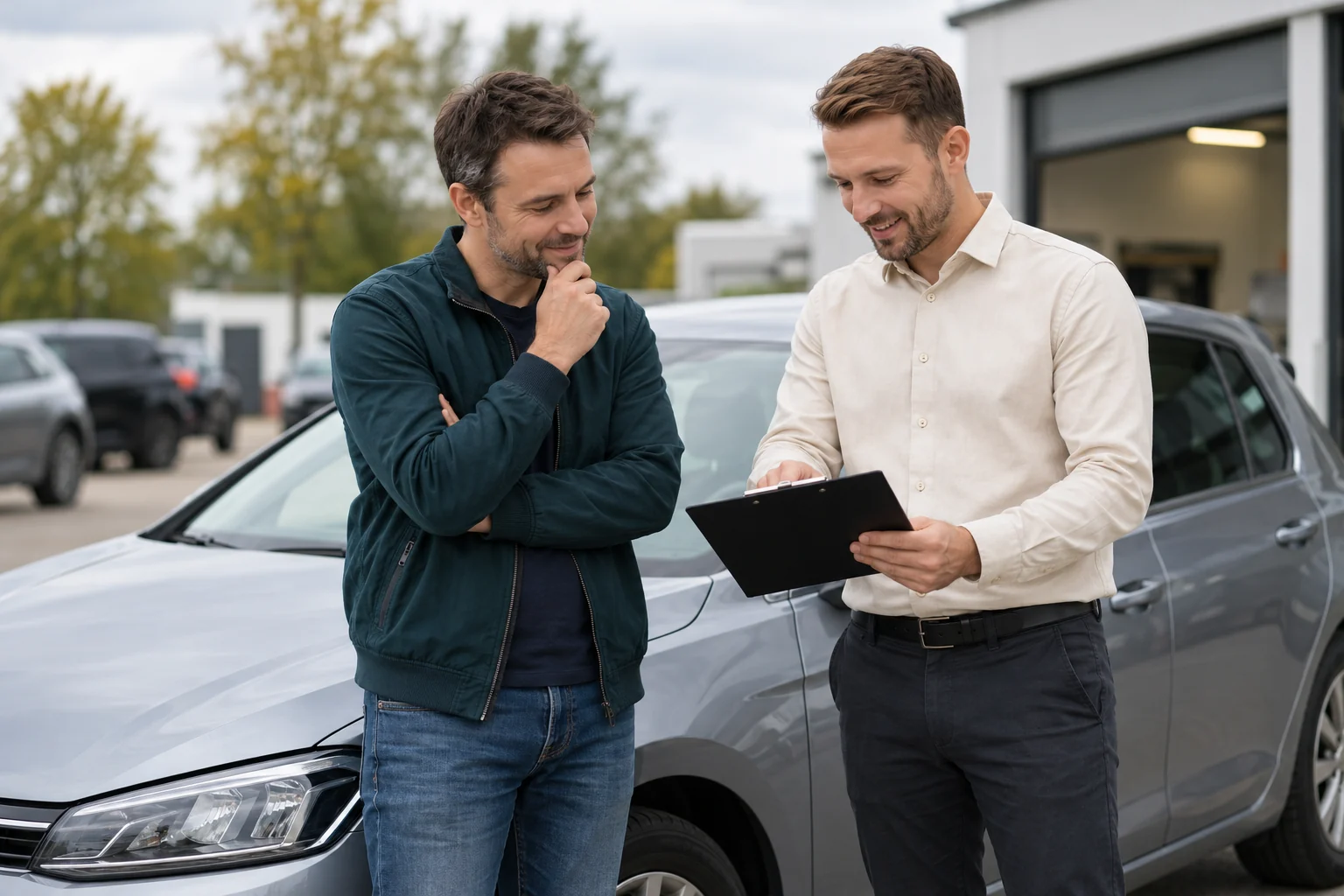 Fahrzeugbesitzer und Gutachter besprechen die Bewertung eines Autos