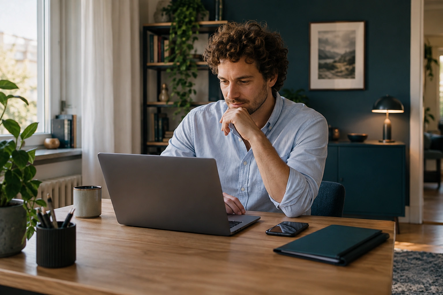 Mann bearbeitet einen Antrag am Laptop am heimischen Tisch