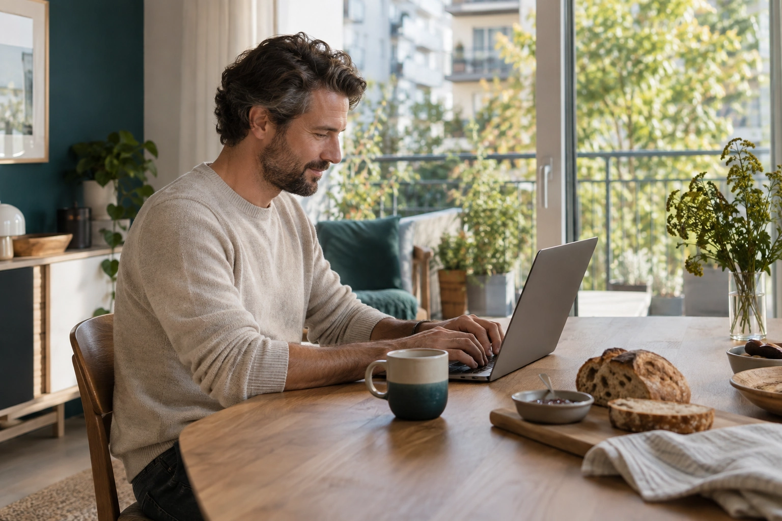 Mann bearbeitet am Wochenende eine Online-Anfrage am Frühstückstisch